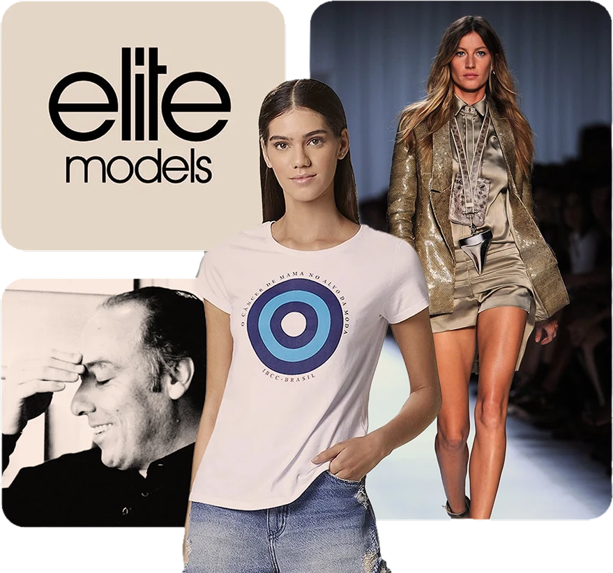Colagem Elite Models: logotipo da agência e fotos de moda
